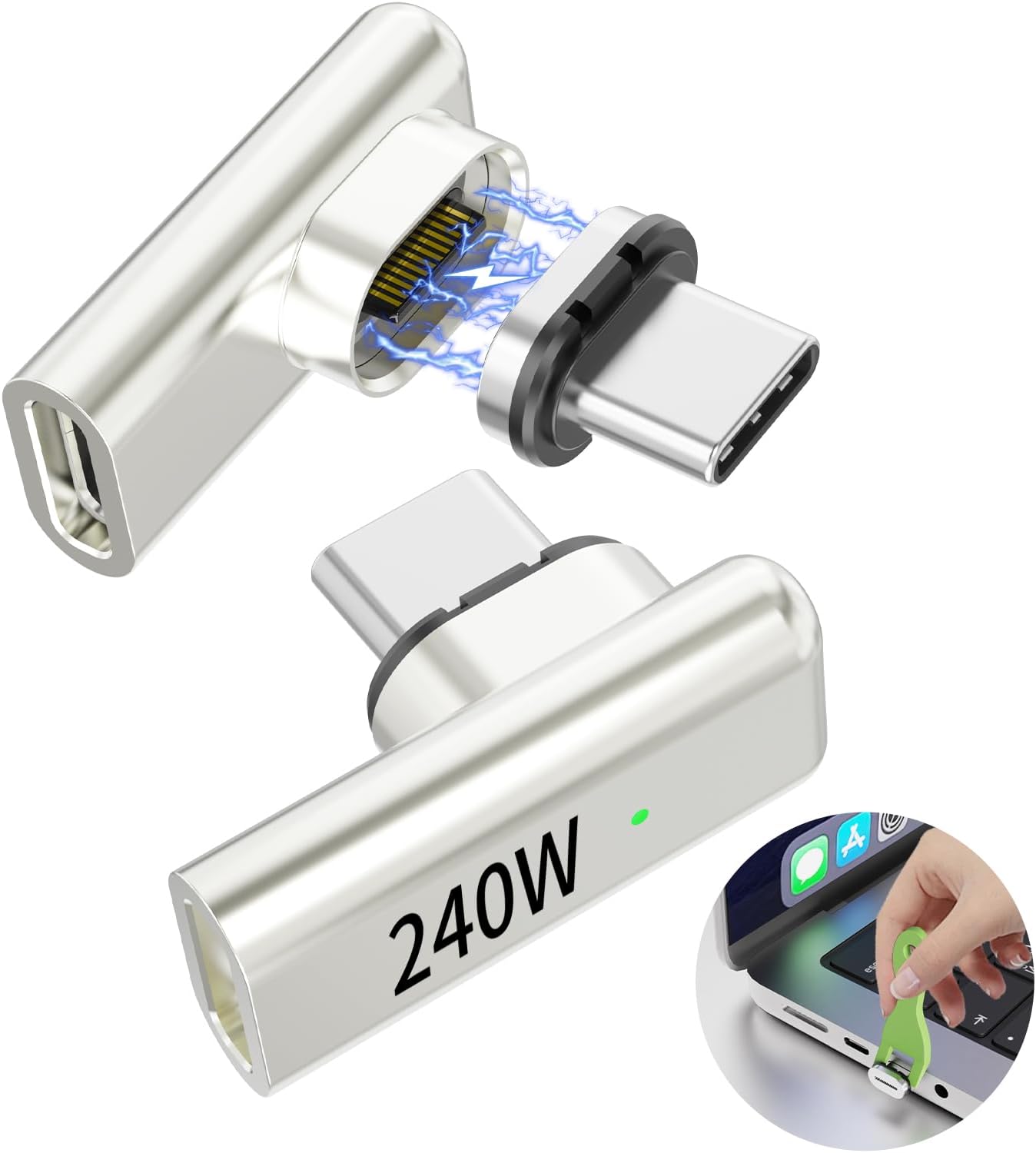 3CS USB C Magnetic Adapter 240w, 2PCS 90 Degree Magnetic USB C Adapter Detachable, 24 Pin with PD Fast Charging 40Gbps 8K 60Hz for Thunderbolt 3/4, MacBook Pro/Air/, PS5 PSVR2