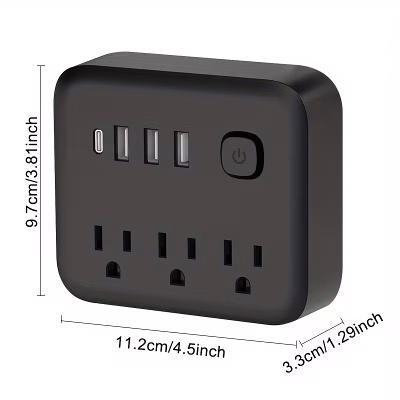 Heavy-Duty Surge Protector Power Strip with 180° Rotating Plug, 3 Outlets & 4-Port USB (3xUSB-C) - Wide-Voltage AC 100-250V, Switch-Controlled Outlet Extender for home, Office, for travel - Compatible with Plug only