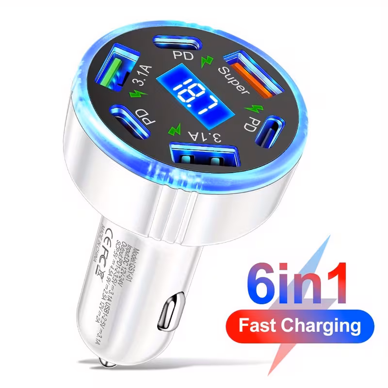 No import chargesLocal warehouseSix-In-One Digital Display Car Fast Charging Charger: 3Usb+3Type-C Multi-Hole Design, Smart Flash Charging Car Special