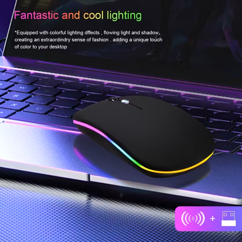 Dual-Mode Wireless Mouse, Silent Office RGB Backlit Battery-Powered Mouse, Compatible with Laptops and Desktops