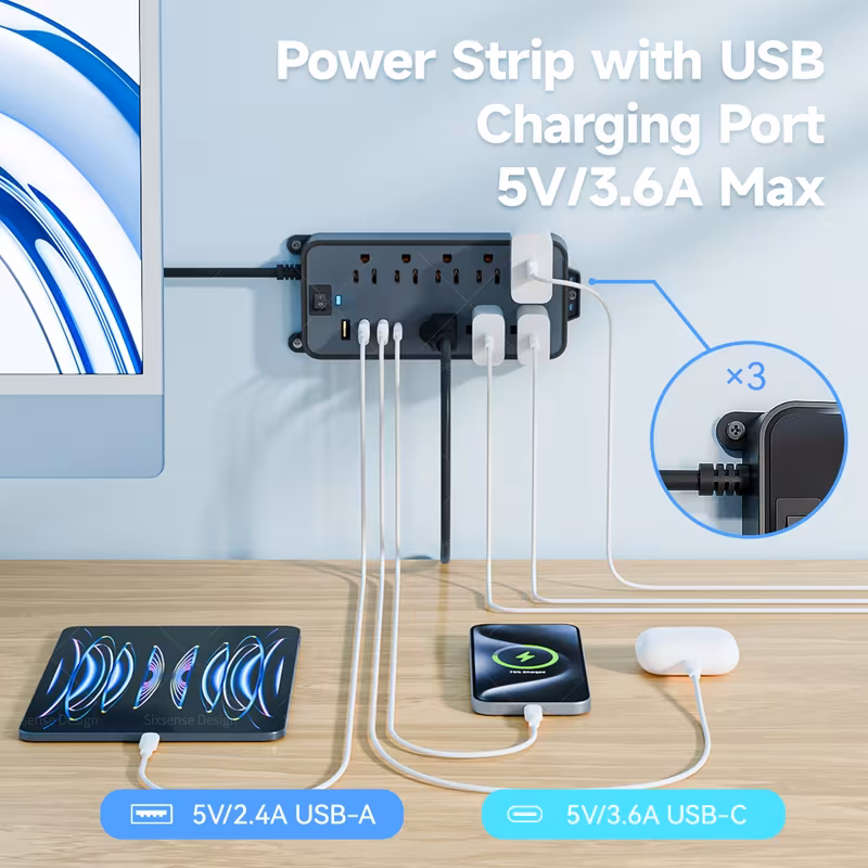 chargesLocal warehouseOutlet Extender Power Strip With Surge Protector, 4 Ft PVC Extension Cord, 8 Widely Distributed AC Outlets, 4 USB Ports (3 USBA & 1 USB C), Desk Charging Station, Compact Power Strip Outlet Extender For Travel Home Off
