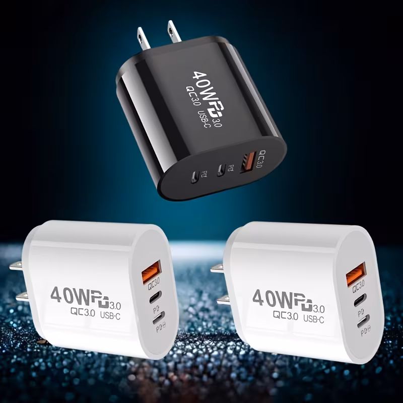 40W 3-Port Quick Charge USB-C Charger, PD+QC Adapter with US Plug, Suitable for iPhone 17/16/15/14/13 Pro Max, iPad, and for Samsung S25/S24 - Multi-Device Charging Station, Portable Power Bank, Fast Charging